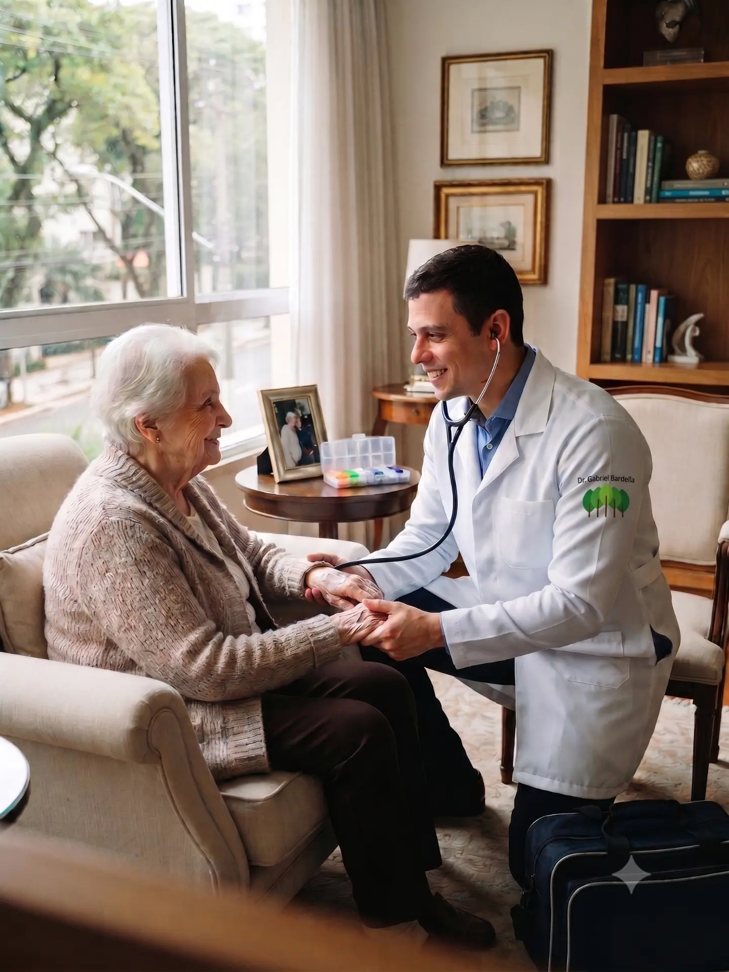 Dr. Gabriel Bardella, geriatra, realizando avaliação domiciliar de uma idosa em casa em São Paulo