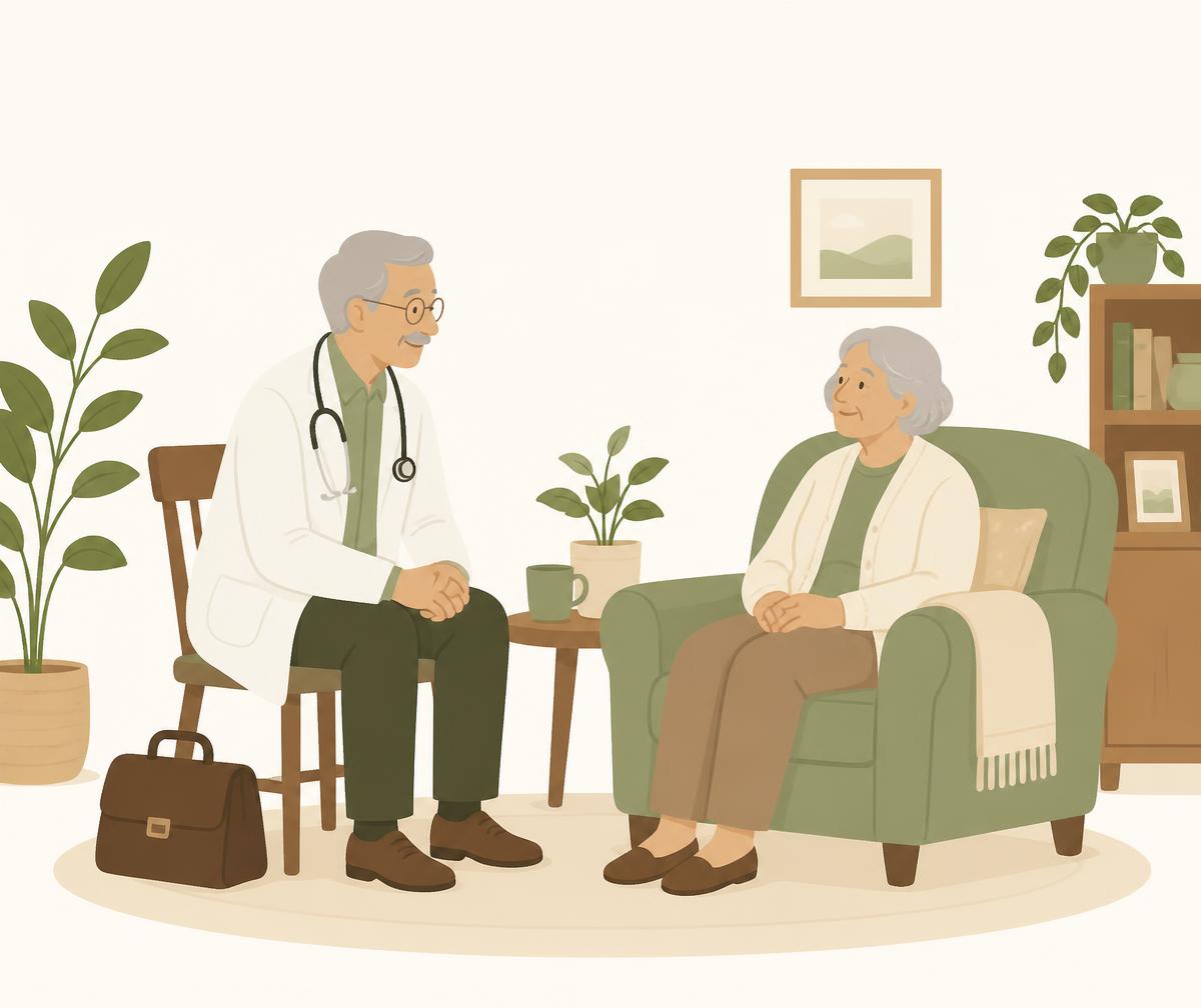 Geriatra realizando avaliação domiciliar de uma idosa em casa